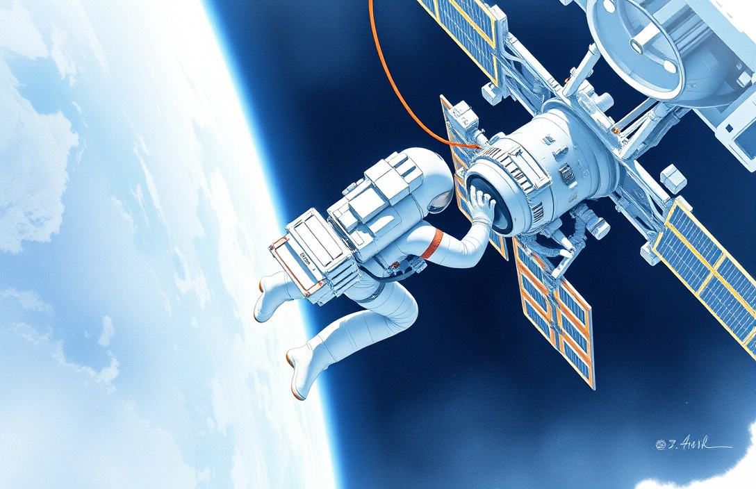 An astronaut in a white spacesuit performing maintenance on external ISS hardware during a spacewalk.