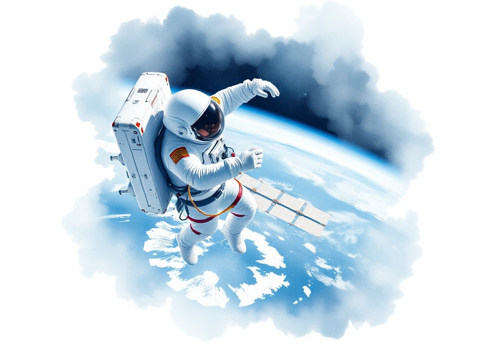 Astronaut conducting spacewalk repairs on ISS external hardware