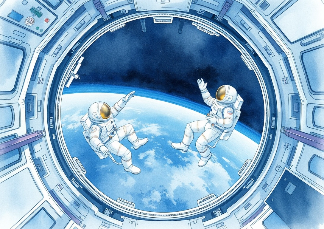 Crew members working in ISS microgravity laboratory inside module