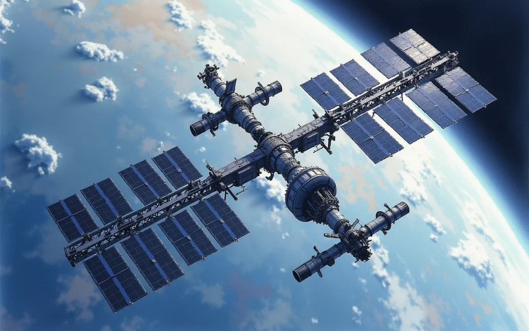 ISS orbiting Earth with extended solar panels and modular structure visible